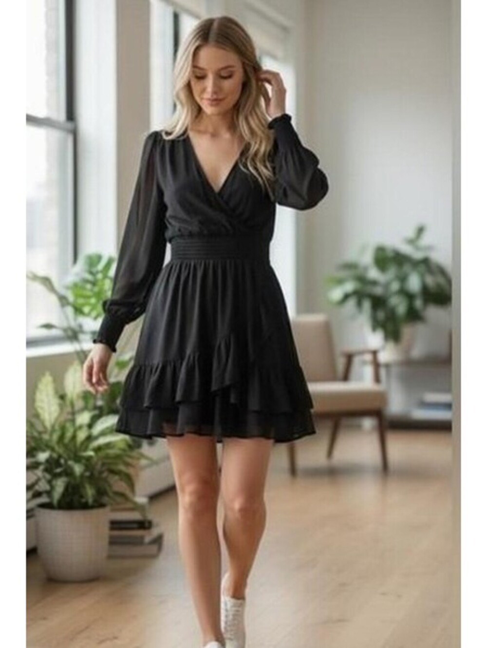 Michael Kors V-Neck Long Sleeve Tiered Ruffle Mini Dress